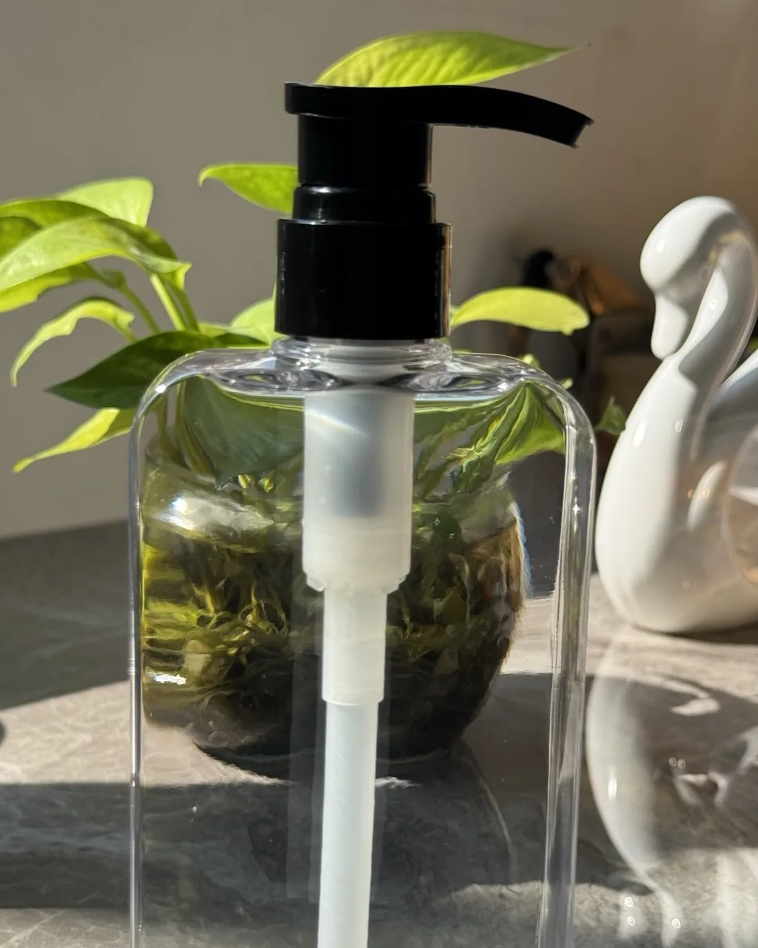 Clear PET bottle with a black lotion pump and a long dip tube